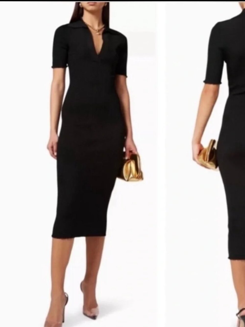 Good American Black Ribbed Knit Polo Midi Short Sleeve Dress